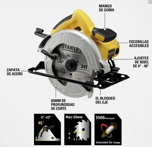 Sierra circular eléctrica stanley 7 1/4" 1600W 2 discos 1 disco espeacial para nicol y wachon